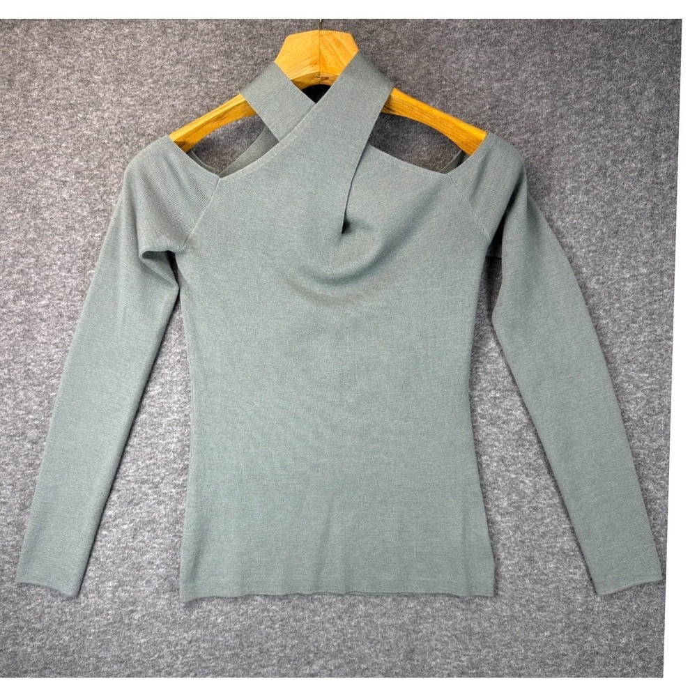 Theory Mock Neck Wrap Sweater Womens M Sage Green Luxury Merino Wool Cutout Chic